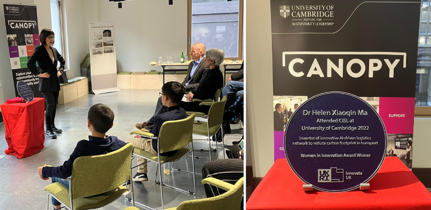 Left - Helen Ma and her family stand by her purple plaque award. Right - a close up of the award