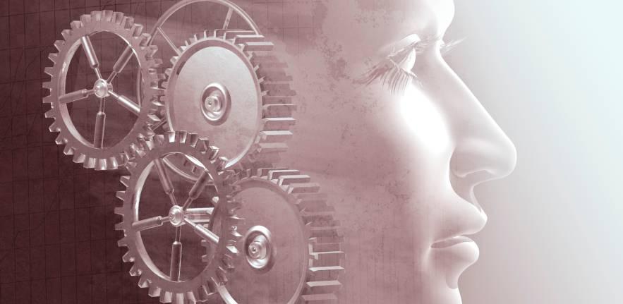 Gears and profile of woman's face 