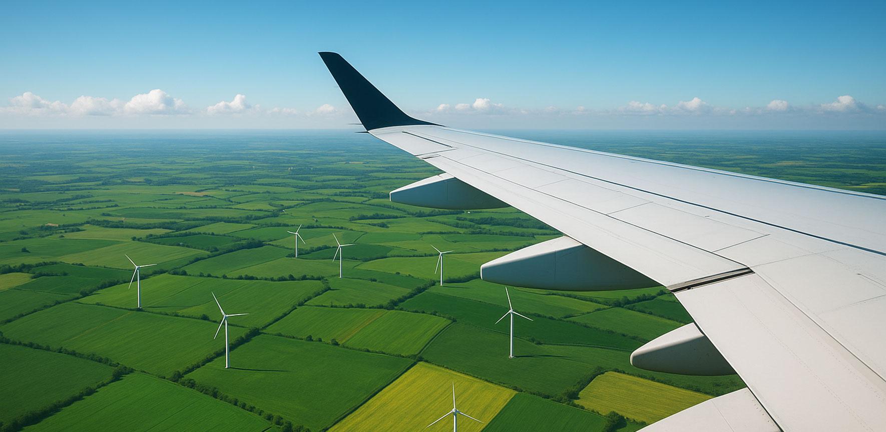 Sustainable aviation plane flying over sunny fields filled with wind turbines.