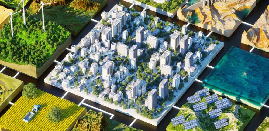 Digital illustration of square cityscape surrounded by blocks of forest, fields, solar panels Digital illustration of square cityscape surrounded by blocks of forest, fields, solar panels